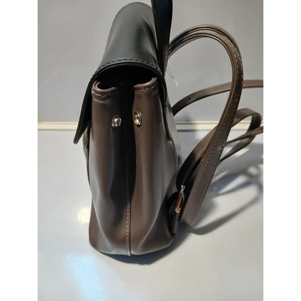 L CREDI Two Tone Leather Mini‎ Backpack Brown Black Flap Zip Pocket